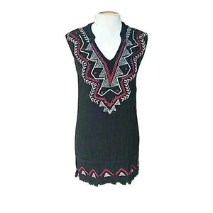 NEW Xhilaration Black Boho Embroidered Fringed Sleeveless High Low Shift Dress